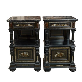 Matched Pair of French Aesthetic Marble Topped and Inlaid Cabinet Stands