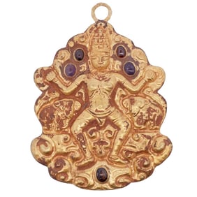 Vietnamese 10th to 12th Century Ancient Cham Kingdom Repousse Gold Pendent with Indra & Elephants