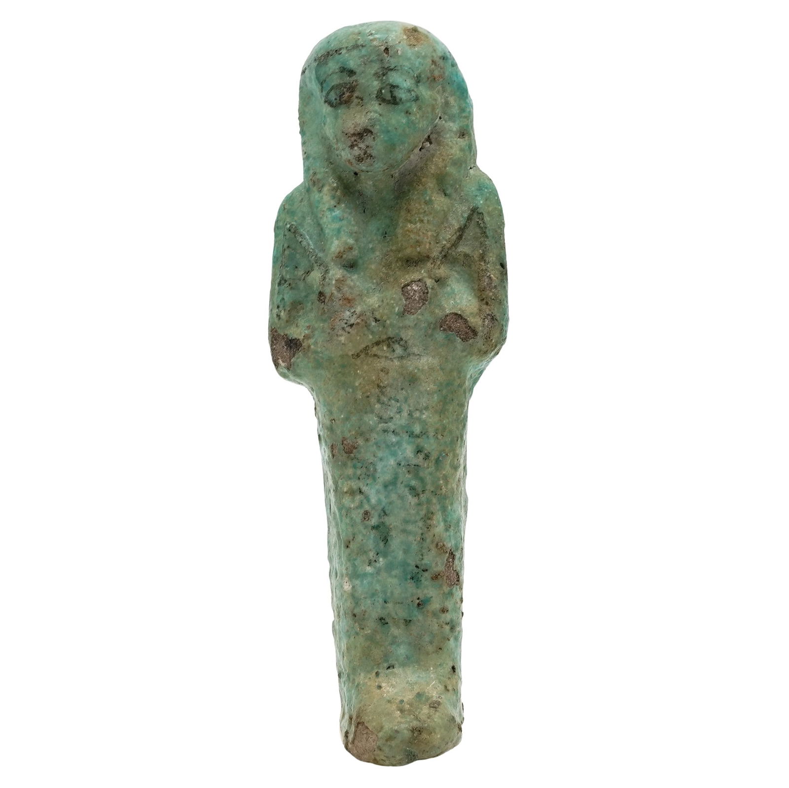 Large Egyptian Blue Faience Ushabti: Large Egyptian Blue Faience UshabtiAncient EgyptThe Pharaoh with crossed cyphers black highlighted eyes, this is a large size Ushabti. I had a collection of Ushabti and like this one a lot. Now I have