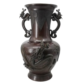 Very Large Japanese Bronze Dragon leaping off Vase