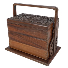 Chinese Carved Hardwood Picnic Box Possibly (Huanghuali)