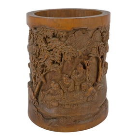 Chinese Carved Bamboo Brush Pot, Scholars In Garden