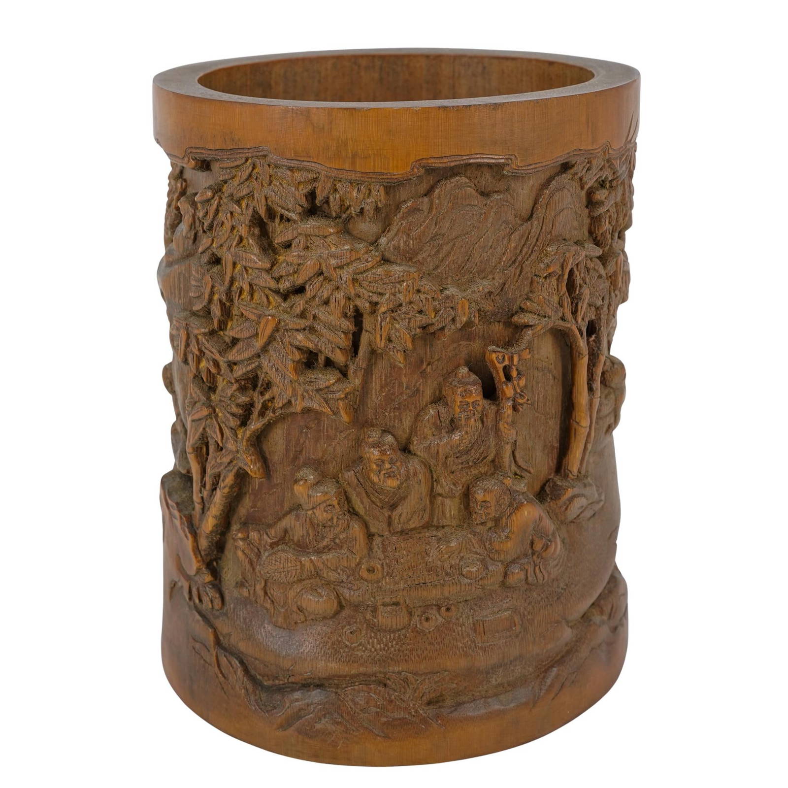 Chinese Carved Bamboo Brush Pot, Scholars In Garden
