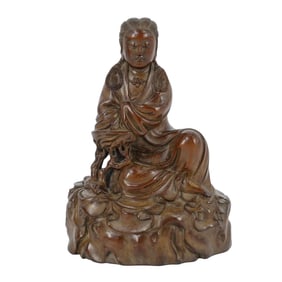 Chinese Hardwood Carving Seated Guanyin Ming Style (Fine Details To Robe & Hair)