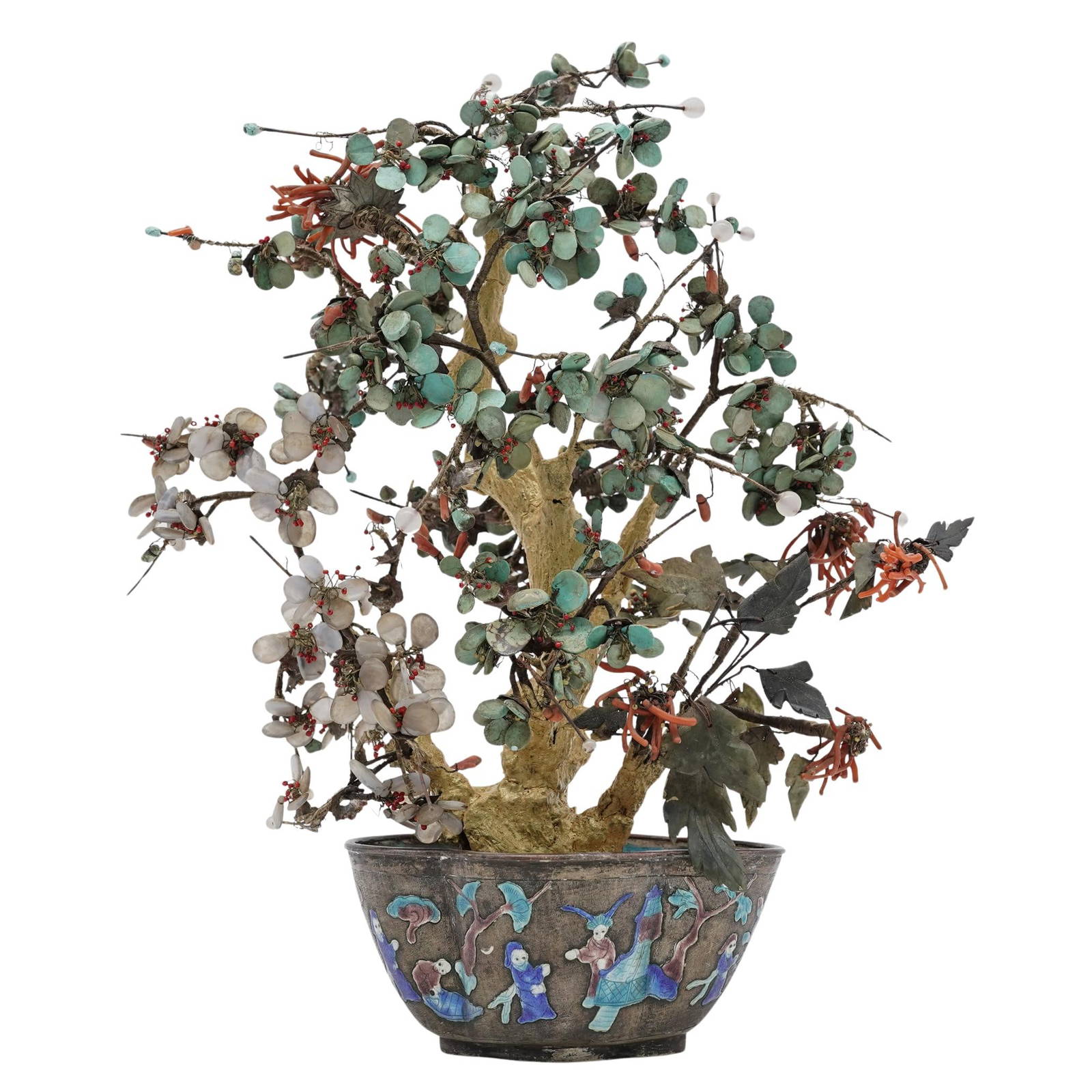 Chinese Turquoise, Coral, Agate, & Jade Tree Jardinière