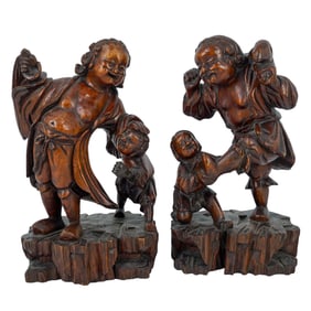 A Pair of Chinese Carved Wood Foreigner Figures with Boys