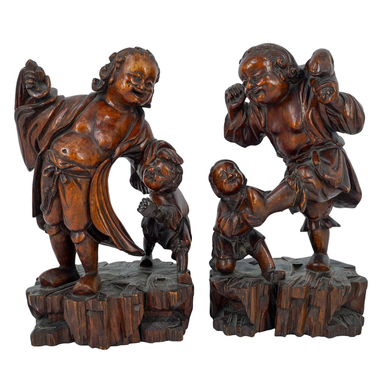 A Pair of Chinese Carved Wood Foreigner Figures with Boys