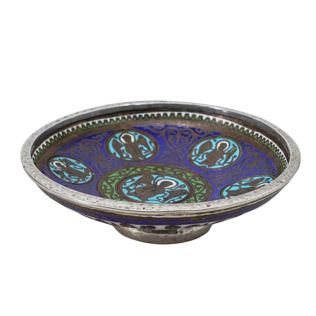 Champleve Enamel and Silver Gemellion Dish (Hand Basin): Champleve Enamel and Silver Gemellion Dish (Hand Basin)19th Cent.19th Century silver (Hand Basin) Gemellion dish, composed of a champleve polychrome enameled foundation with blue, white and green grou
