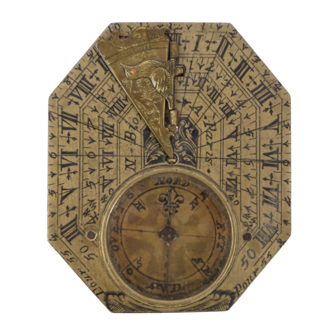 18th Century Antique French Nicolas Bion Compass & Direction Sundial: 18th Century Antique French Nicolas Bion Compass & Direction Sundial18th Century. FrancePolygonal sundial with bronze foundation, hinged gnomon with bird indicator,back is a list of cities with corres