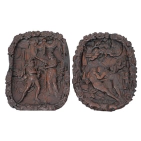 Exceptional Pair of European Walnut Carved Oval Panels