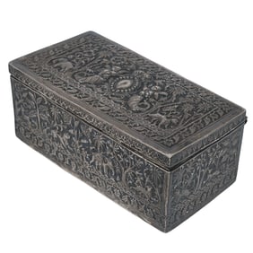 Indian Silver Rectangular Box with Hunting Scene