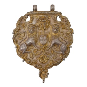 Fine 18th C. Spanish Colonial Gilt Silver Plaque Two High Relief Lions & Coat of Arms