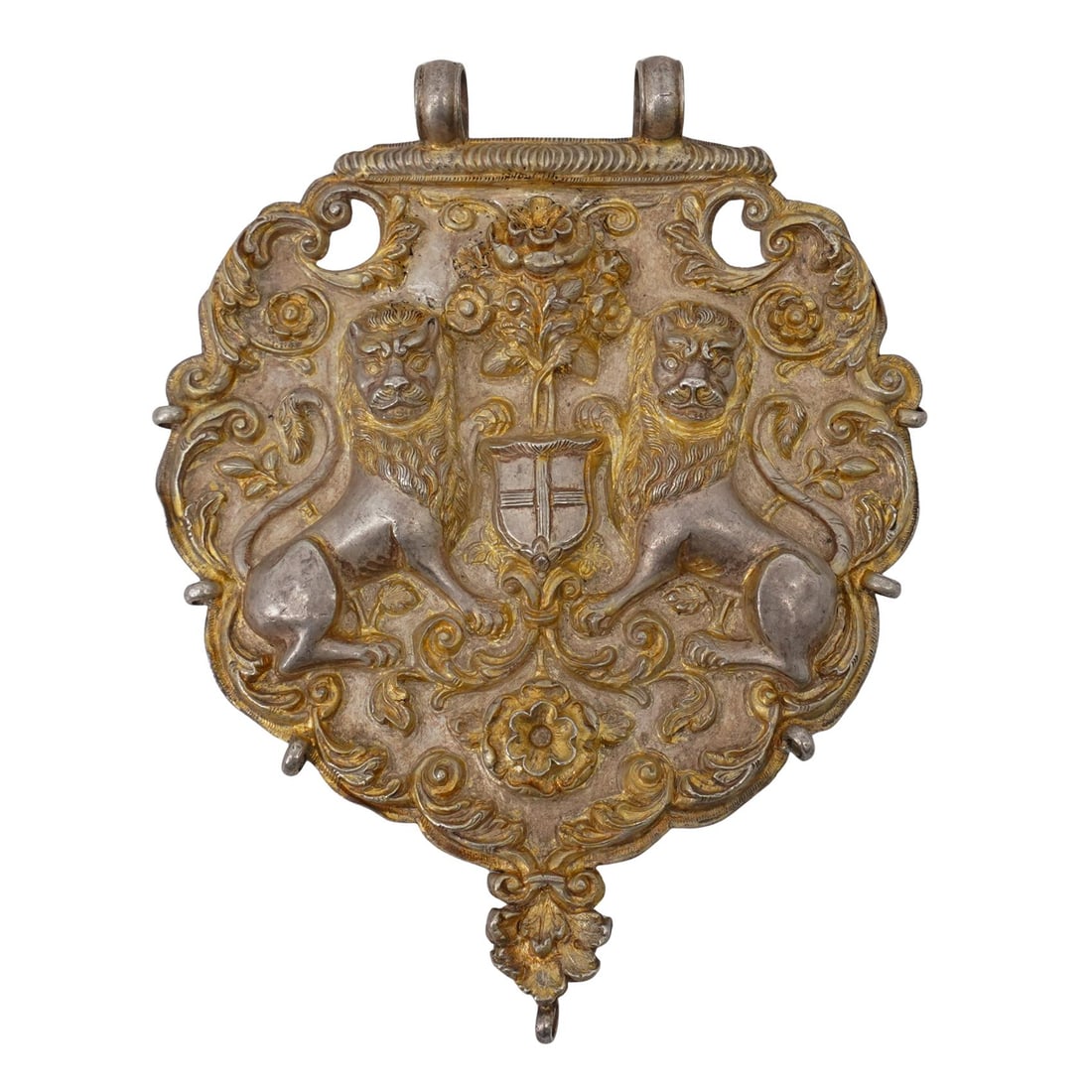 Fine 18th C. Spanish Colonial Gilt Silver Plaque Two High Relief Lions & Coat of Arms (1 of 5)