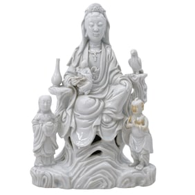 Chinese Blanc de Chine, Dehua, Seated Guanyin on Rock with Attendants