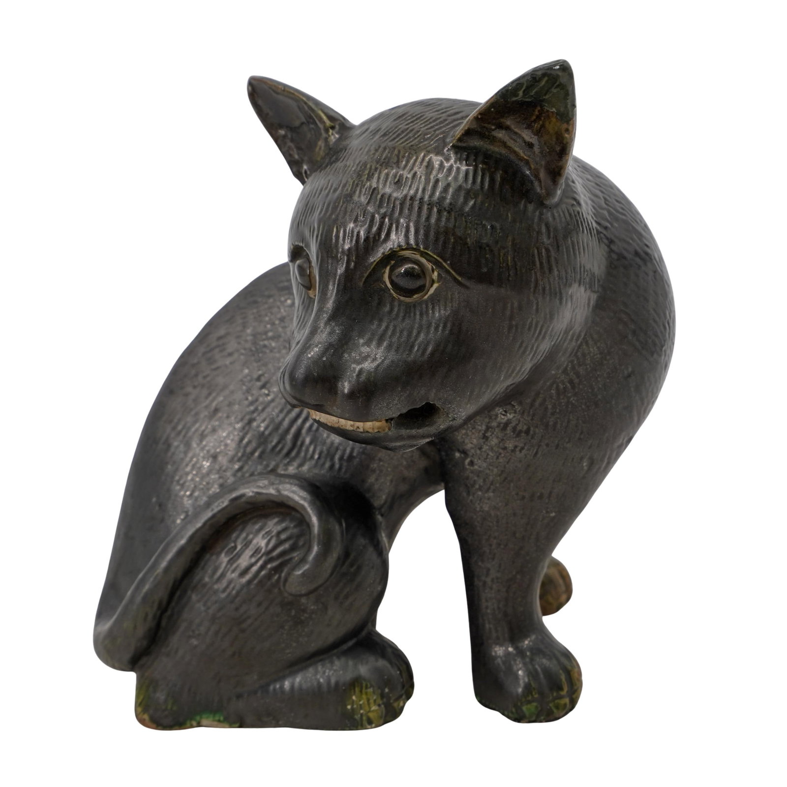 Chinese Export Black Glazed Porcelain Seated Cat: Chinese Export Black Glazed Porcelain Seated Cat 18th to19th Century This unusual export cat having finely detailed hair, body, teeth, paws, and tail. Overall glazed with a dark blackish color and ext