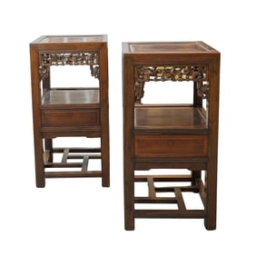 Matched Pair Of Chinese Qing Dynasty Carved Hardwood Pedestal Cabinet