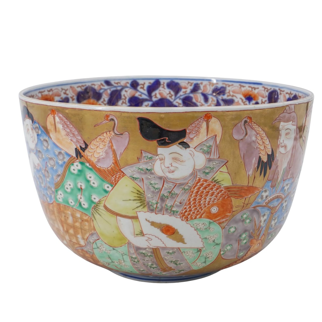 Large High Walled Japanese Imari Porcelain Bowl: Large High Walled Japanese Imari Porcelain Bowl 19th Cent. Japan A large high walled Japanese Imari porcelain bowl with immortals and cranes on exterior , The interior with scrolling vines and flowers