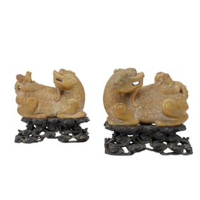 Pair Of Chinese Soapstone Chilong, Buddhist Lions
