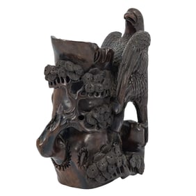 Chinese Hardwood Carving of Eagle and Pine-tree Brush Holder (Possibly Zitan Wood)