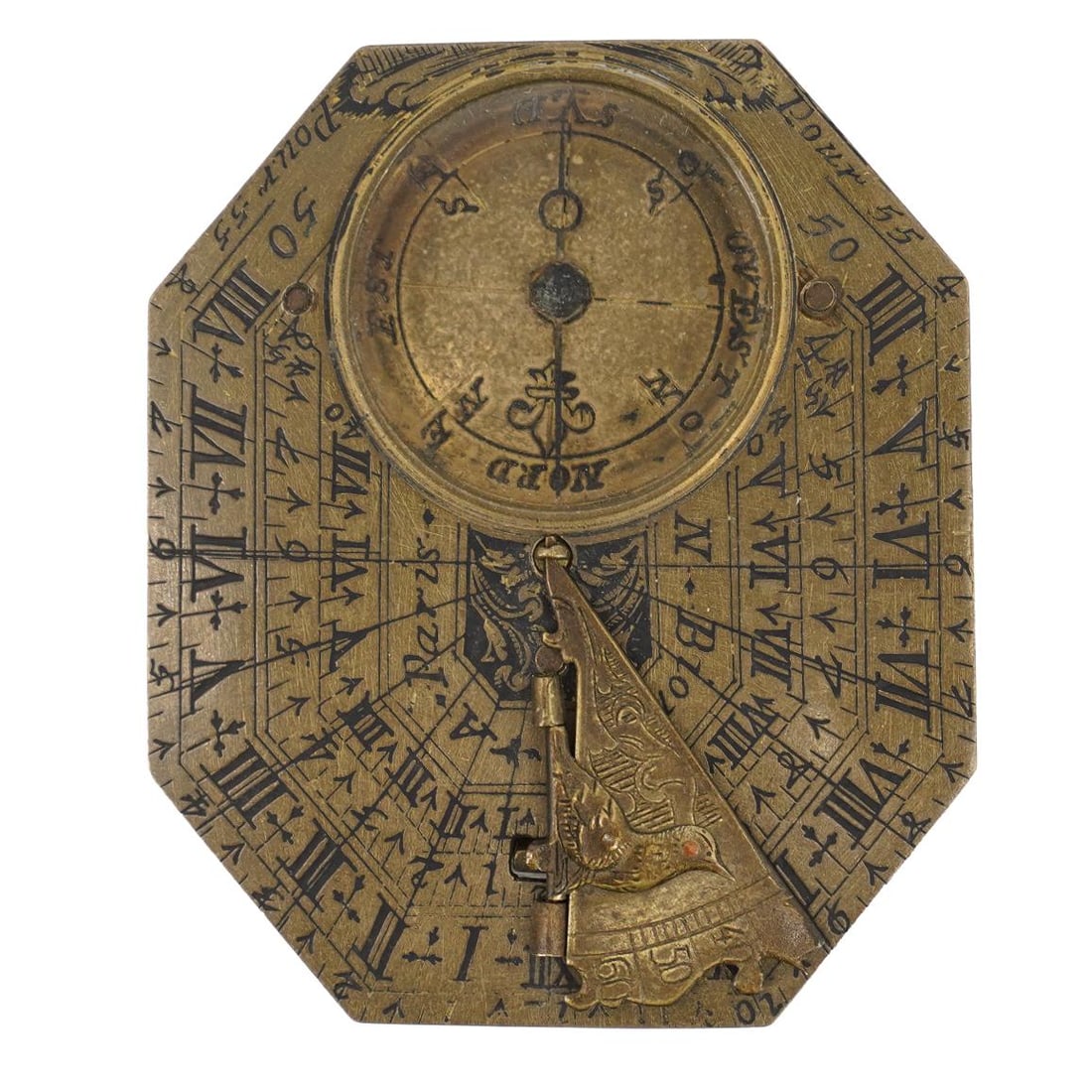 18th C. Antique French Nicolas Bion Compass & Direction Sundial: 18th C. Antique French Nicolas Bion Compass & Direction Sundial18th Century FranceThis is the second one in this sale. Polygonal sundial with bronze foundation, hinged gnomon with bird indicator,back