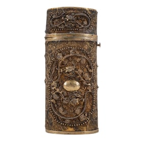 19th C. Chinese Gilt Silver Filigree Hindged Dragon Box