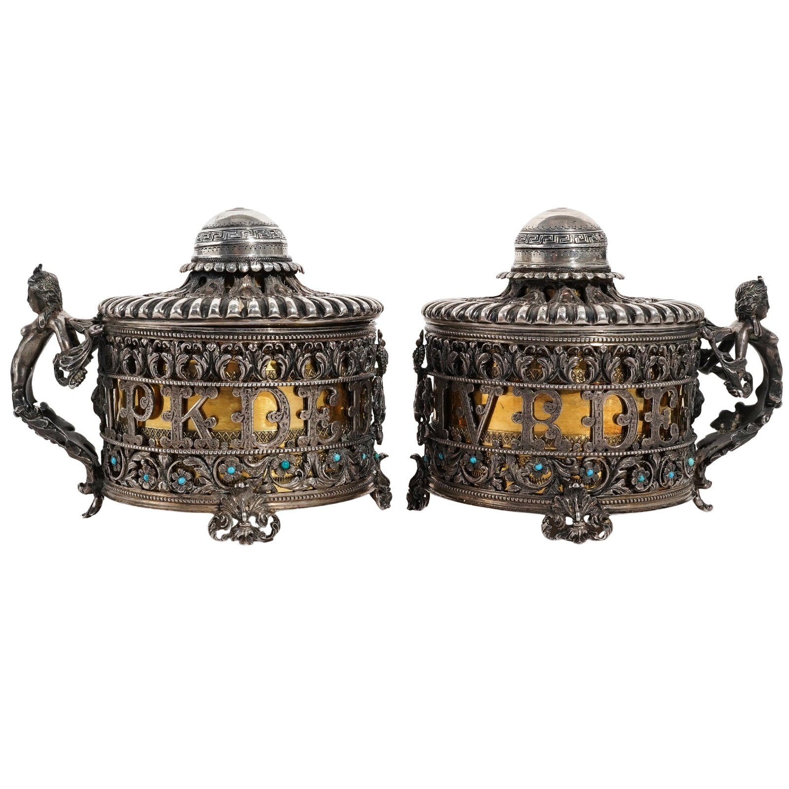 Pair of Royal Silver Presentation Hidges Containers: Pair of Royal Silver Presentation Hidges Containers Pair of Royal Silver Presentation Hinges Containers, This elaborate pair of silver containers with royal coat of arms, crecent moon to crown, flanke