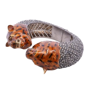 Indian Gilt Silver Jeweled & Enamel Tiger Bangle