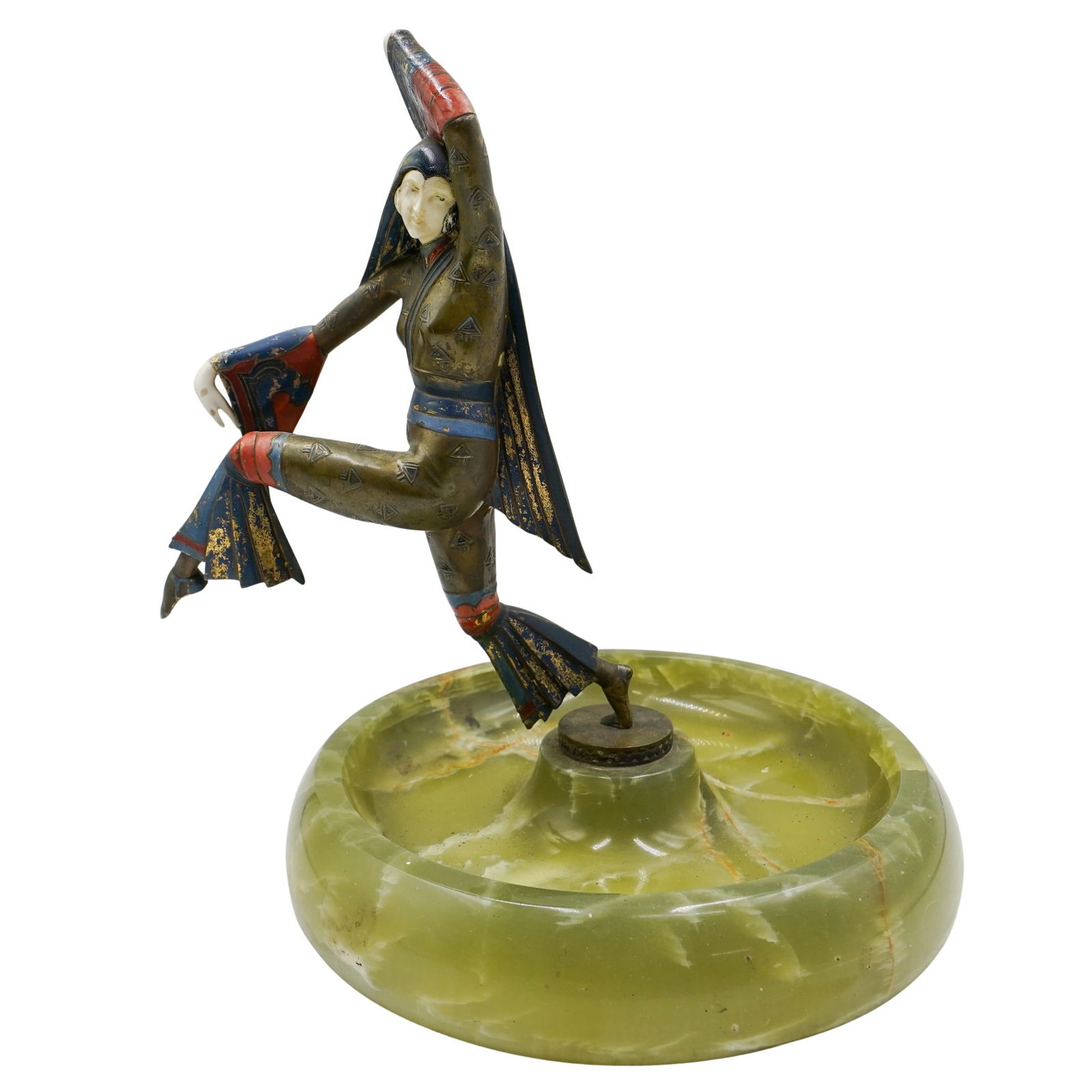 Gerdago (Austrain, 1906-2004) Art Deco Bronze & Bone Dancer on Onyx Dish: Gerdago (Austrain, 1906-2004) Art Deco Bronze & Bone Dancer on Onyx Dishc. 1930s, AustriaGerda Ira Gerdago cold painted bronze dancer figurine with carved bone hands and face atop a green onyx dish. G