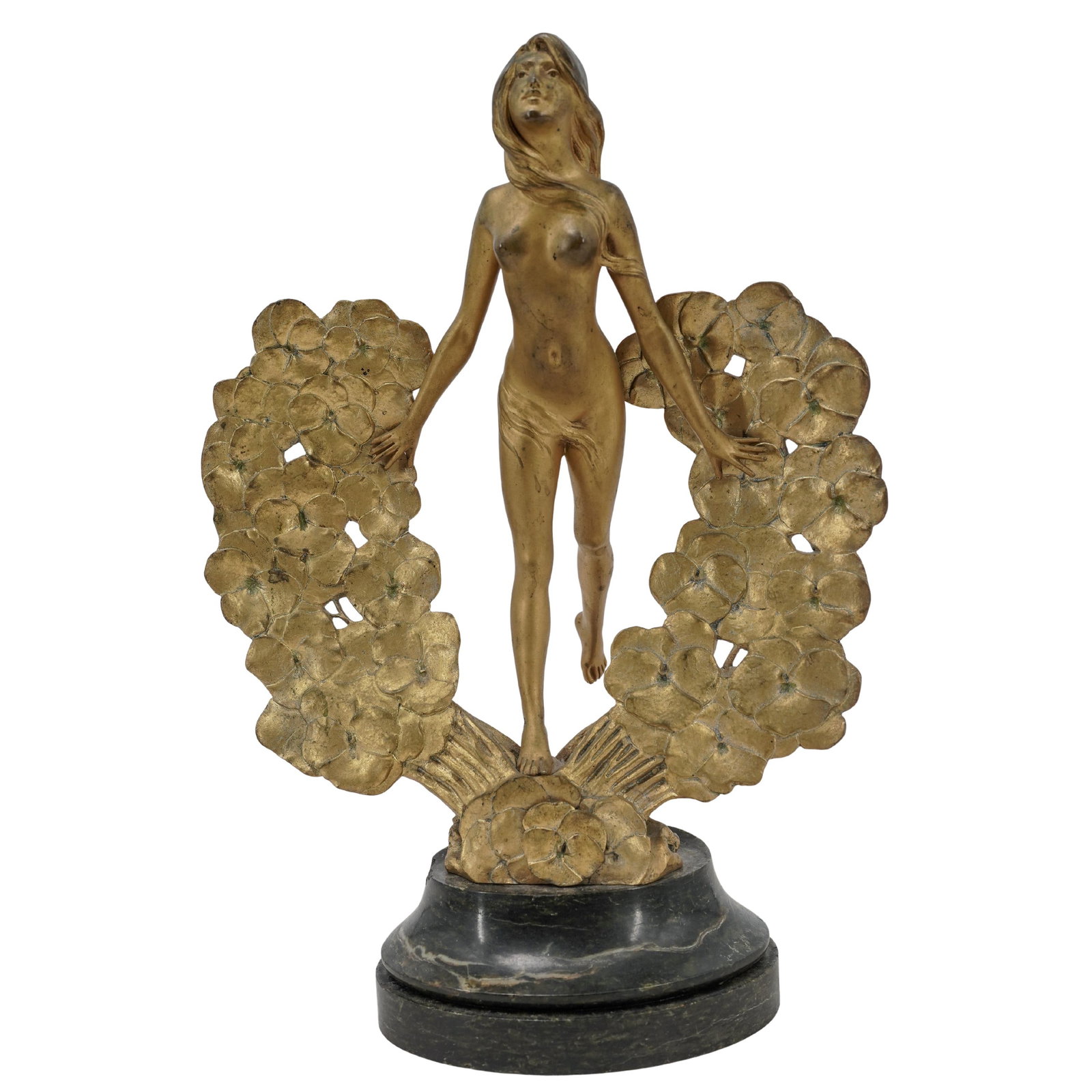 Louis Chalon (French, 1866-1940) Art Nouveau Gilded Bronze Sculpture: Louis Chalon (French, 1866-1940) Art Nouveau Gilded Bronze Sculpturec. 1900, FranceGilded bronze art nouveau sculpture of a nude woman emerging from parted flowers. "L. Chalon" signature and "E. Colin