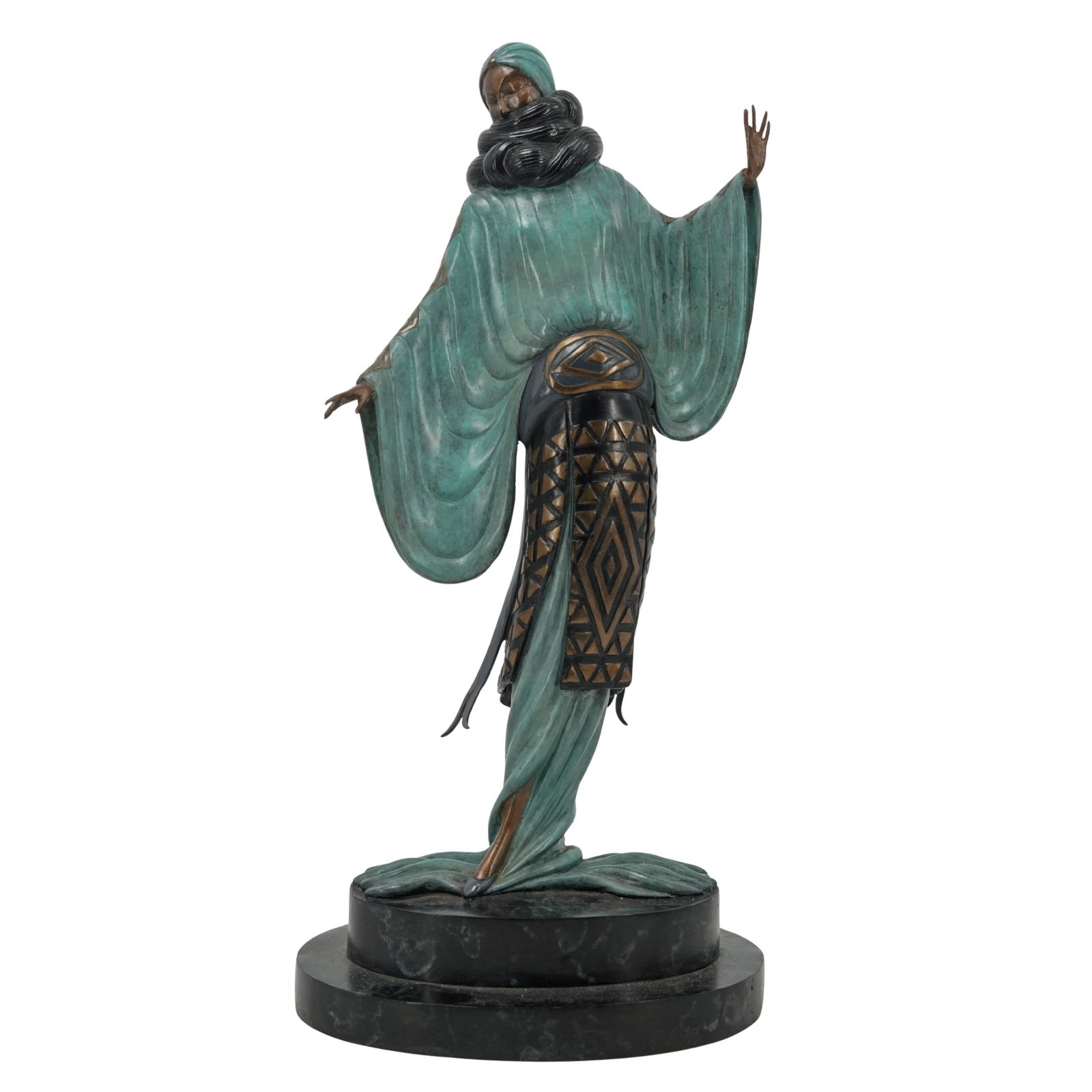 Erté (Russian/French, 1892-1990) "An Evening in 1921" Bronze Sculpture: Erté (Russian/French, 1892-1990) "An Evening in 1921" Bronze Sculpturec. 1981Art deco cold painted bronze sculpture designed by Romain de Tirtoff of a woman in a turquoise and gold dress with a large