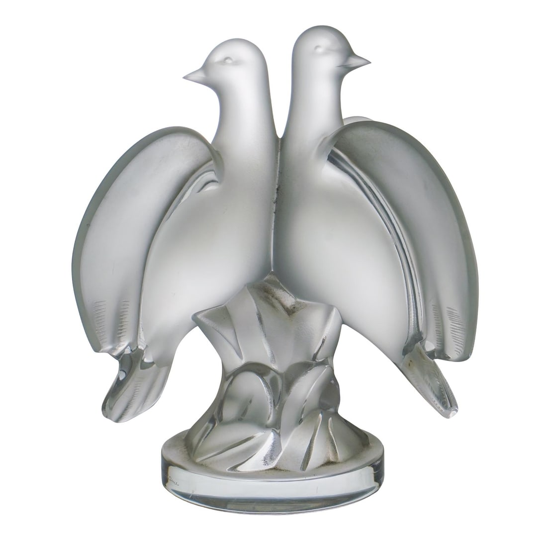 Lalique Crystal "Ariane Doves" Figurine: Lalique Crystal "Ariane Doves" Figurine 20th c., France Frosted crystal sculpture of two doves perched together looking in opposite directions. Lalique France mark etched on side of base. H: 8.5" W: 5