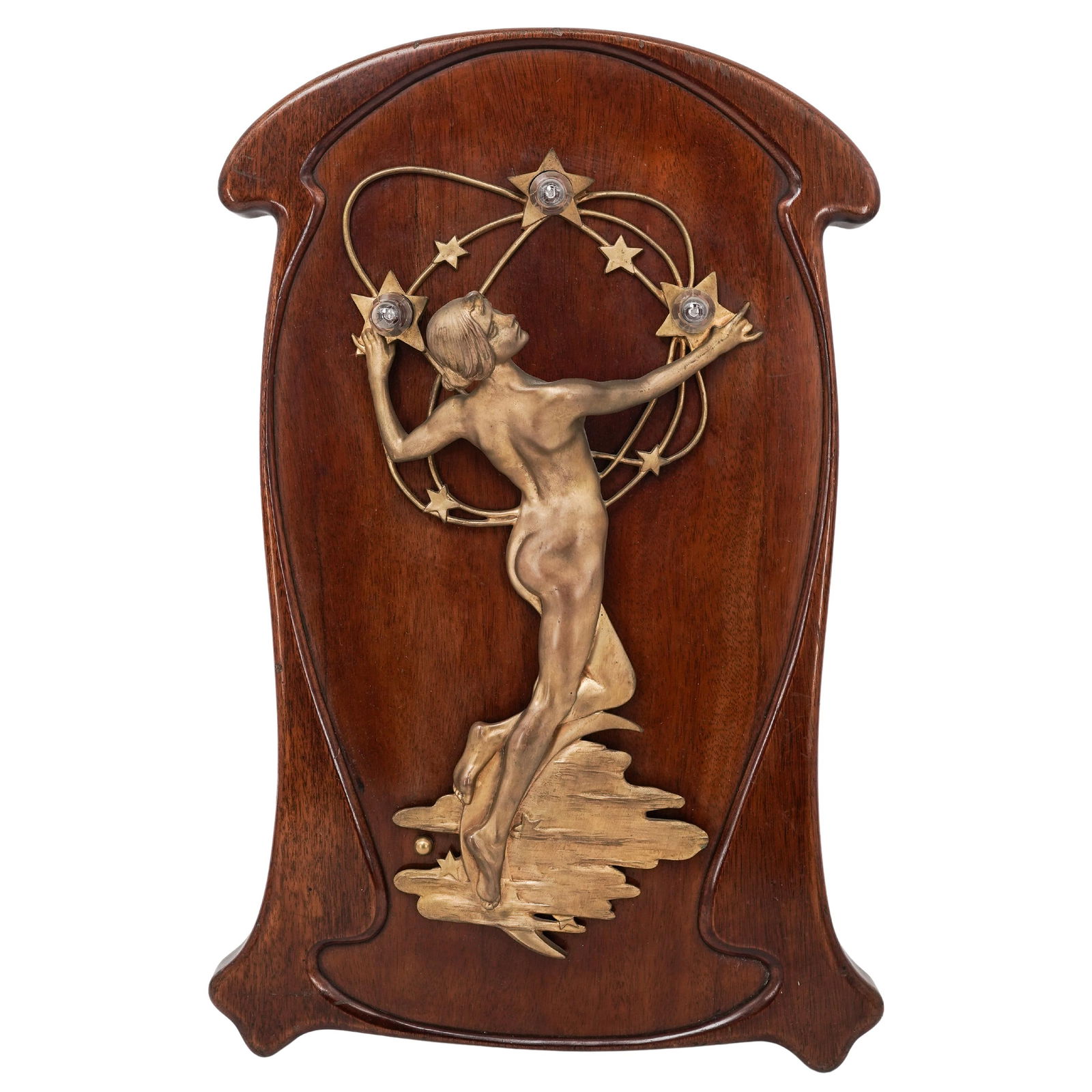 Auguste Rubin (French, 1841-1909) Wood and Bronze Art Nouveau Wall Lamp: Auguste Rubin (French, 1841-1909) Wood and Bronze Art Nouveau Wall LampLate 19th-20th century, FrenchAn Art Nouveau wall lamp featuring a gilt bronze celestial figural depiction of a female nude danci