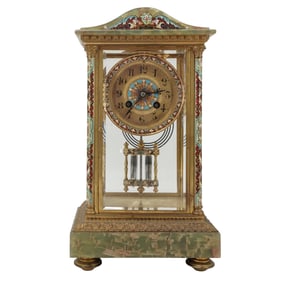Antique French Champleve Enamel & Green Onyx Mantel Clock