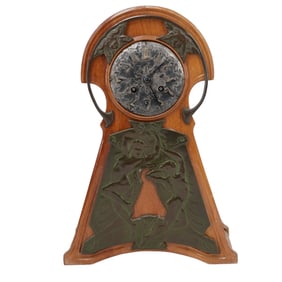 French Art Nouveau Japy Freres Wood, Bronze & Silver Mantel Clock
