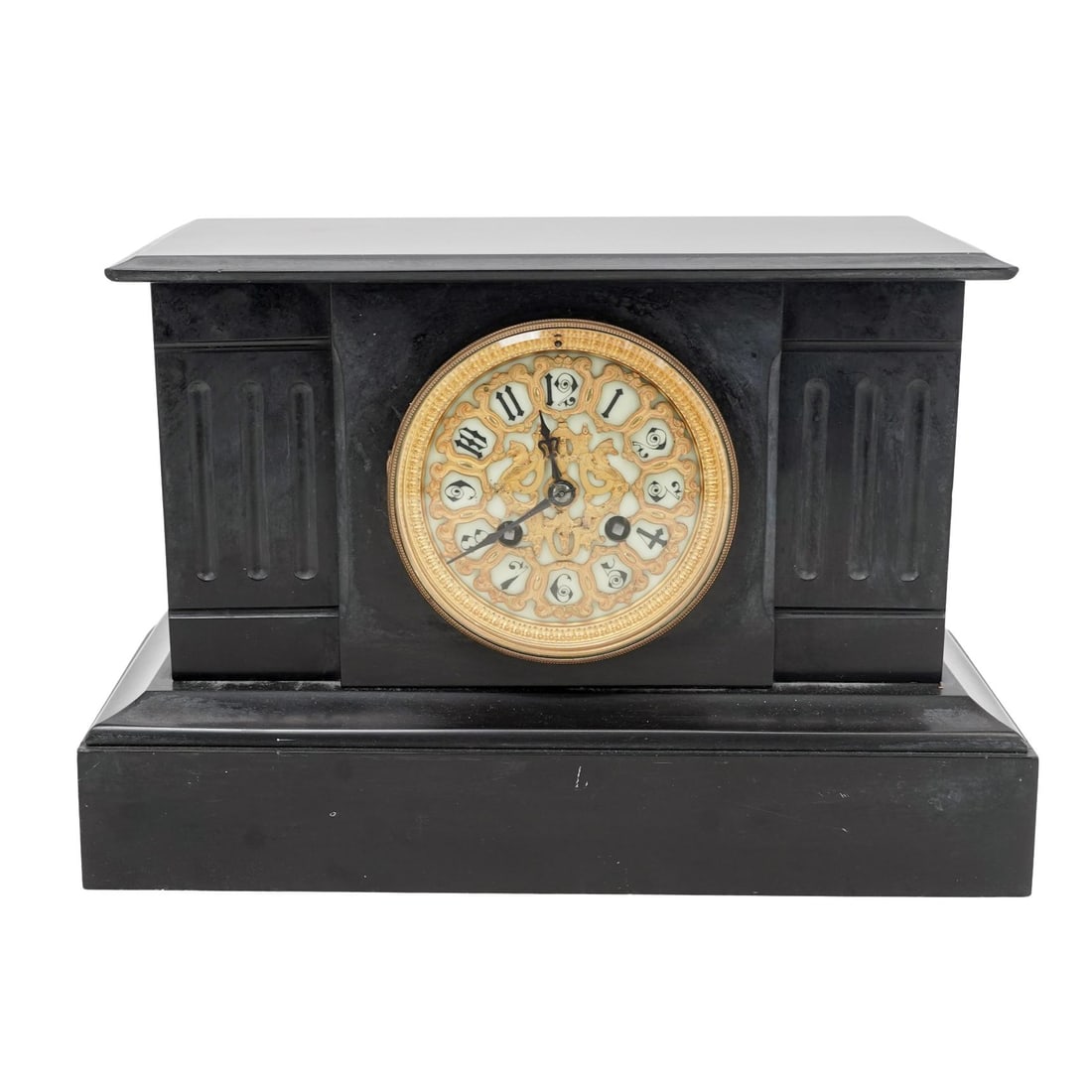 19th c. Japy Frères French Black Marble Mantel Clock: 19th c. Japy Frères French Black Marble Mantel Clockc. 1880s, FranceAntique black marble clock featuring a white face decorated with a gilded dragon motif. Japy Freres & Cie. Medaille D'Honneur hallm