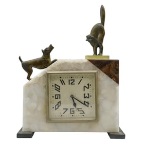 Art Deco Bronze Cat & Dog Mantel Clock