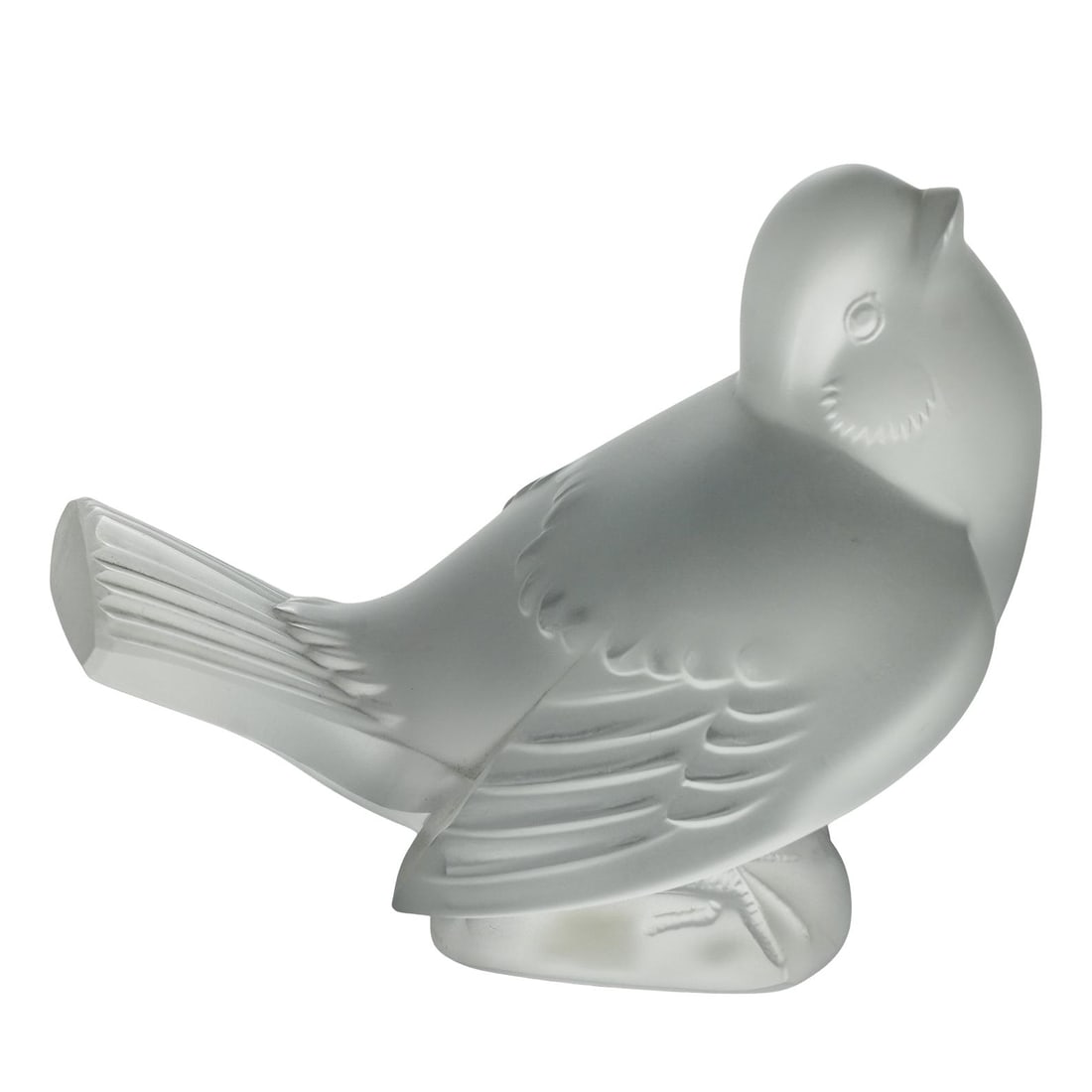 Lalique Crystal Sparrow Figurine: Lalique Crystal Sparrow Figurine 20th c., France Frosted crystal figurine of a sparrow bird with its head tilted upward. Lalique France signature etched on the back of the base. H: 3.5" W: 2.25" L: 4.