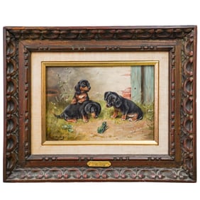 Signed J. Hartung (Austrian, 1836) "A Strange Playmate" Oil On Canvas