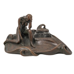 French Art Nouveau Ch. Fribert Bronze Figural Inkwell