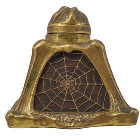 Art Nouveau Bronze and Wood Spiderweb Inkwell
