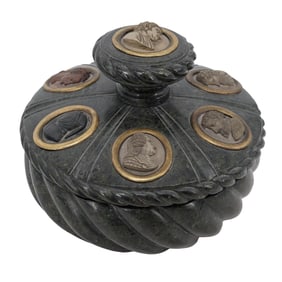 Italian Grand Tour Serpentine Marble Inkstand w/ Lava Intaglio Cameos