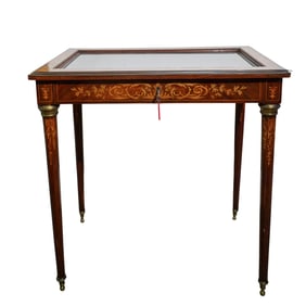 Antique Marquetry Glass Topped Collector's Display Table