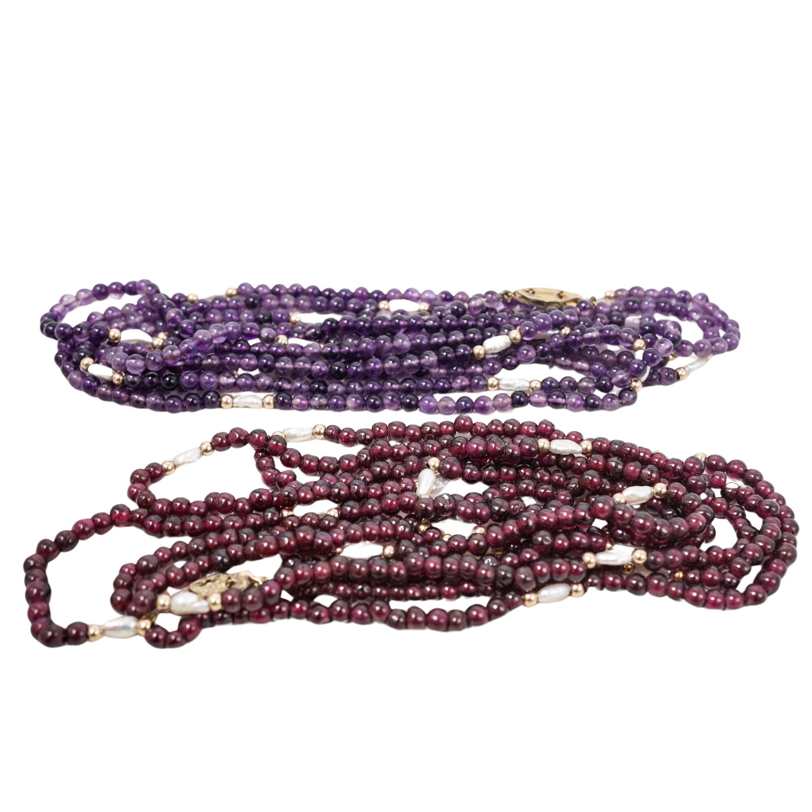 (2 Pc) Amethyst and Garnet Beaded Necklaces with Gold & Natural Pearls (1 of 13)