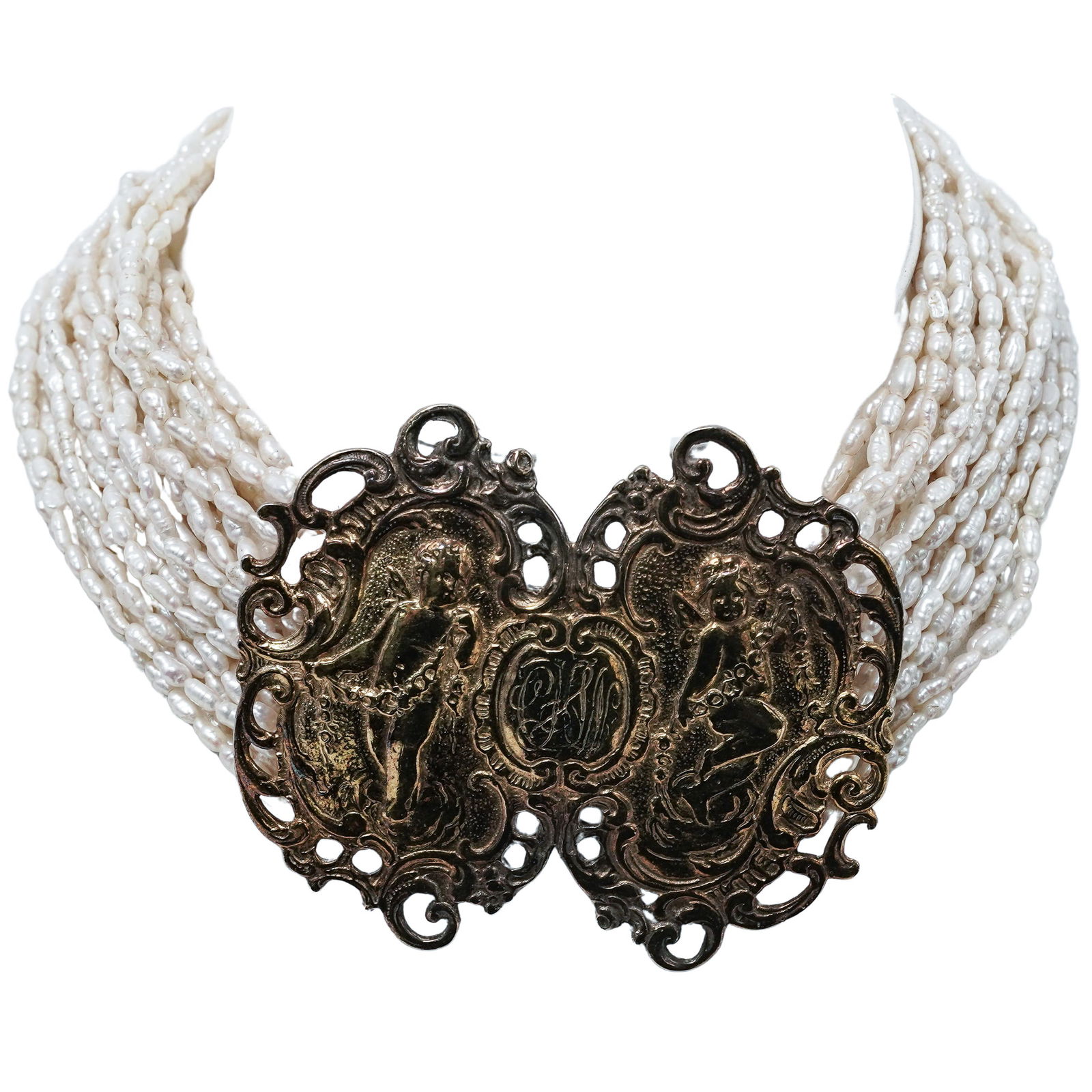 Foree Pearl & Gilt Sterling Silver Cherub Choker Necklace (1 of 12)