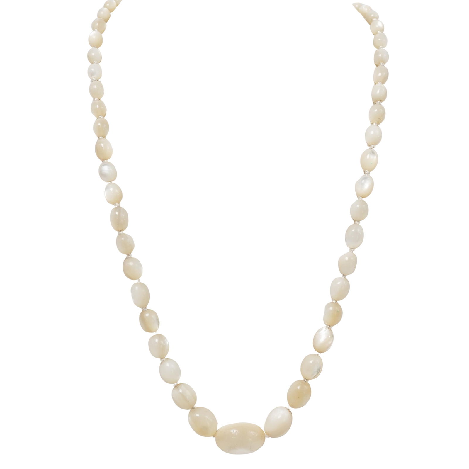 Graduating Moonstone Bead & 14K Gold Necklace: Graduating Moonstone Bead & 14K Gold Necklace20th c., ContinentalGraduating oval moonstone bead necklace with an openwork floral fishhook clasp stamped 14k.28.5"L