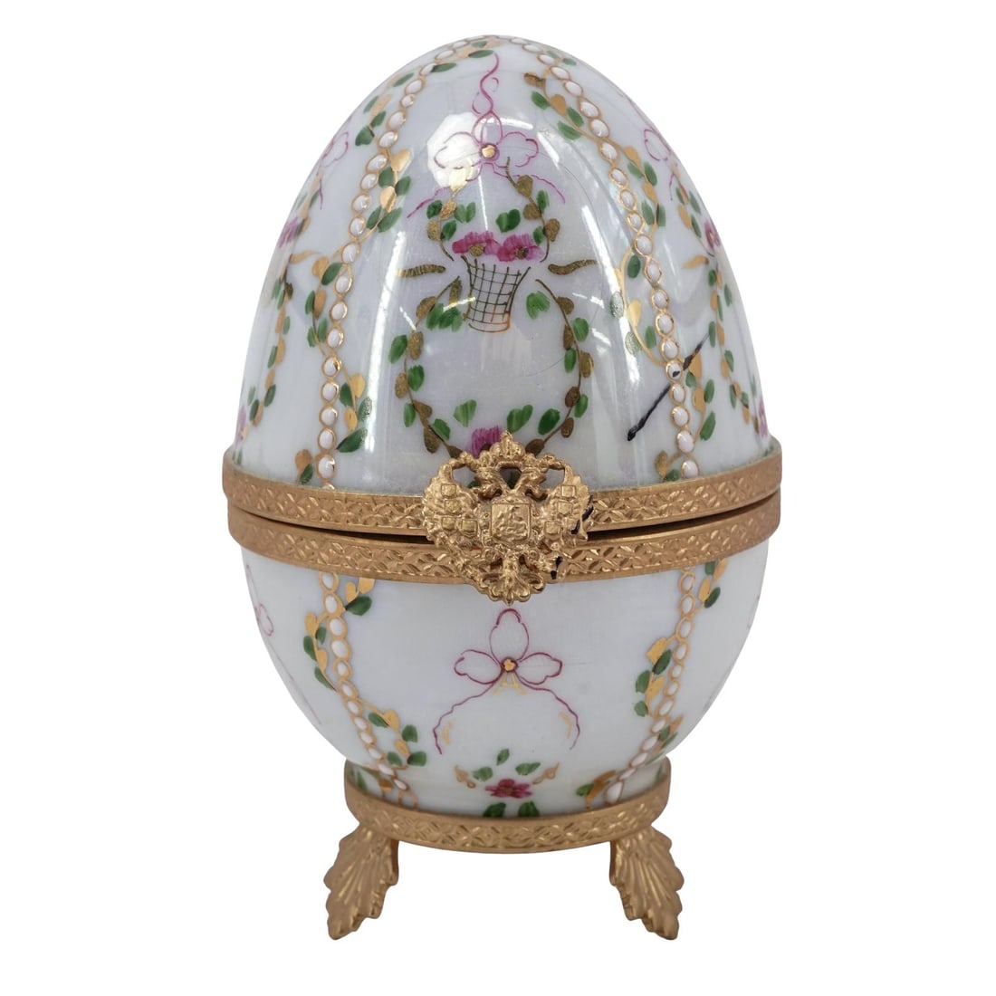 Limoges & Faberge After Imperial Gachina Porcelain Egg: Limoges & Faberge After Imperial Gachina Porcelain Egg Faberge After Imperial Gatchina Palace Porcelain Egg, hand-painted with hanging bouquets and raised white enamel dots, interior gold-plated and w
