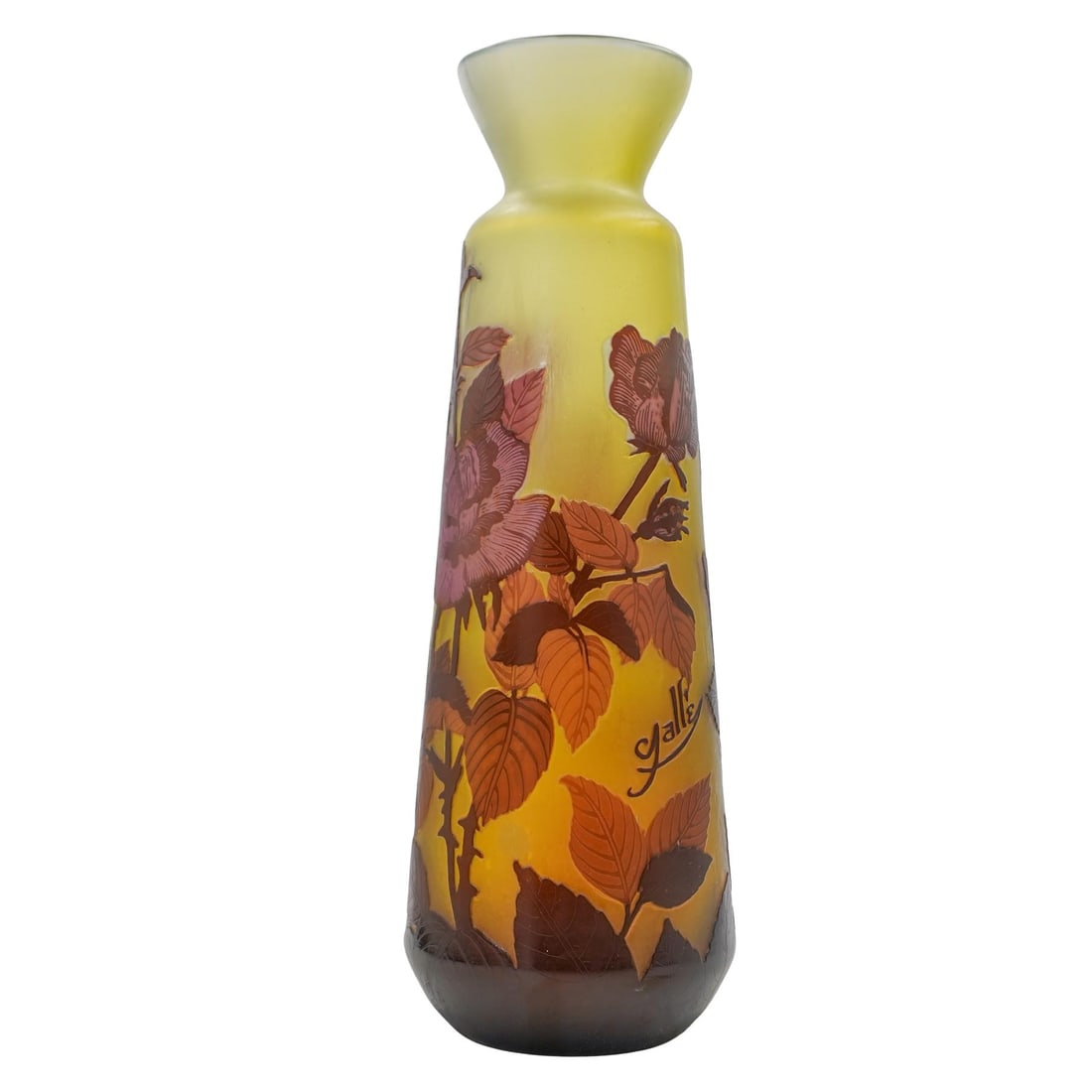 Emile Galle (French, 1846-1904) Floral Cameo Glass Vase: Emile Galle (French, 1846-1904) Floral Cameo Glass VaseLate 19th-Early 20th c., FranceAntique tall slightly tapered cameo glass vase featuring raised floral and foliage designs. Galle signature on the