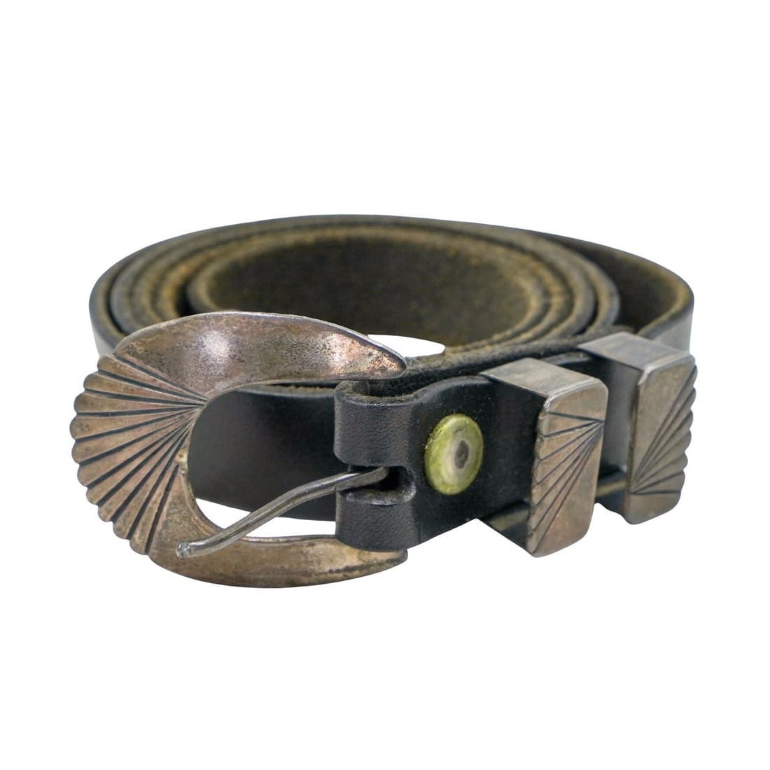 Randy Shorty Navajo Native American Sterling Silver Belt: Randy Shorty Navajo Native American Sterling Silver Belt 20th c., USA Black leather belt with sterling silver buckle, keepers, and tip with a Southwestern style design. The buckle is stamped "Randy Sh