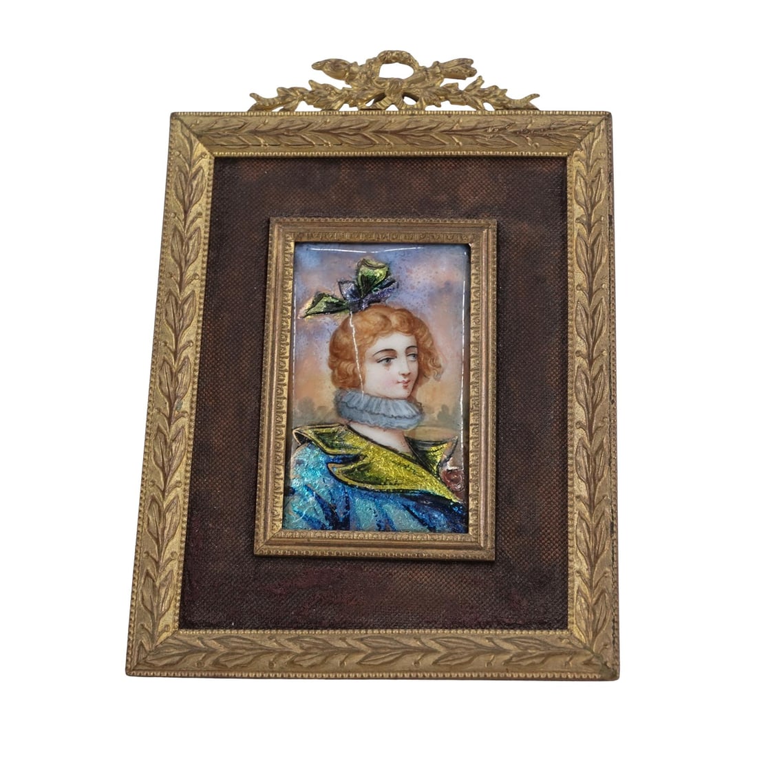 Antique Limoges Enameled Copper Portrait: Antique Limoges Enameled Copper PortraitLate 19th-early 20th century, FrenchAntique Limoges French enameled copper portrait. Marked on back "L162". Gilt brass decorative frame.Portrait: H 1 7/8" W 1 1