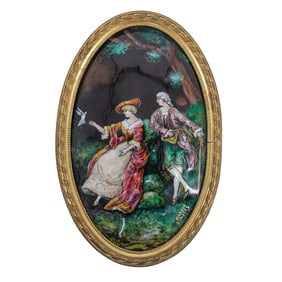 Framed Signed Limoges Hand-Painted Enameled Copper Courting Scene